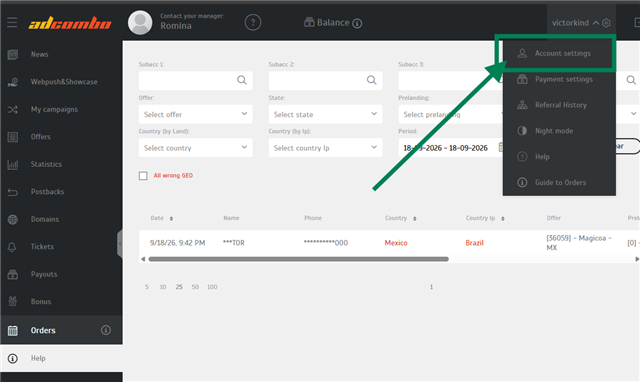 AdCombo user menu with Account settings highlighted