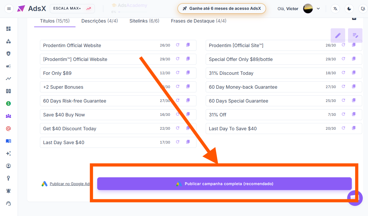 Botão "Publicar campanha completa (recomendado)", o botão roxo no fim da tela do AdsCreator