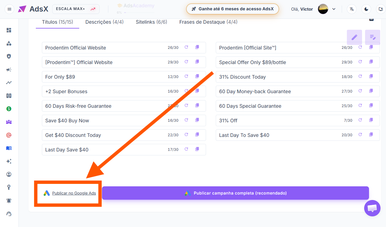 Botão "Publicar no Google Ads", no canto inferior esquerdo da tela do AdsCreator