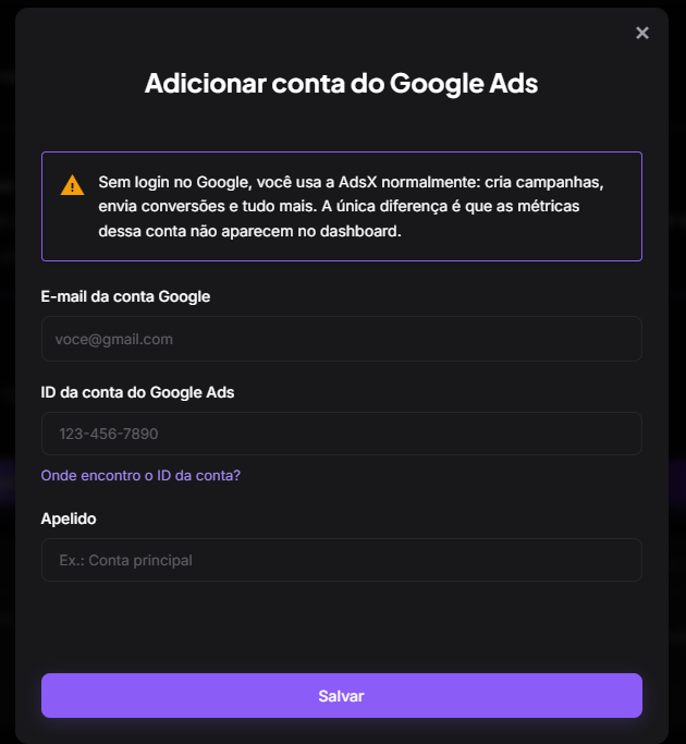 Janela Adicionar conta do Google Ads na AdsX