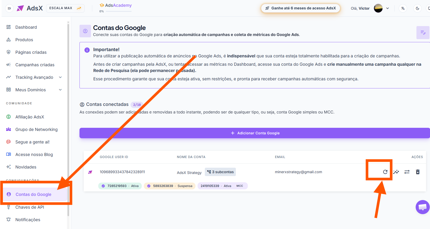 Tela Contas do Google na AdsX com o ícone de atualizar em destaque