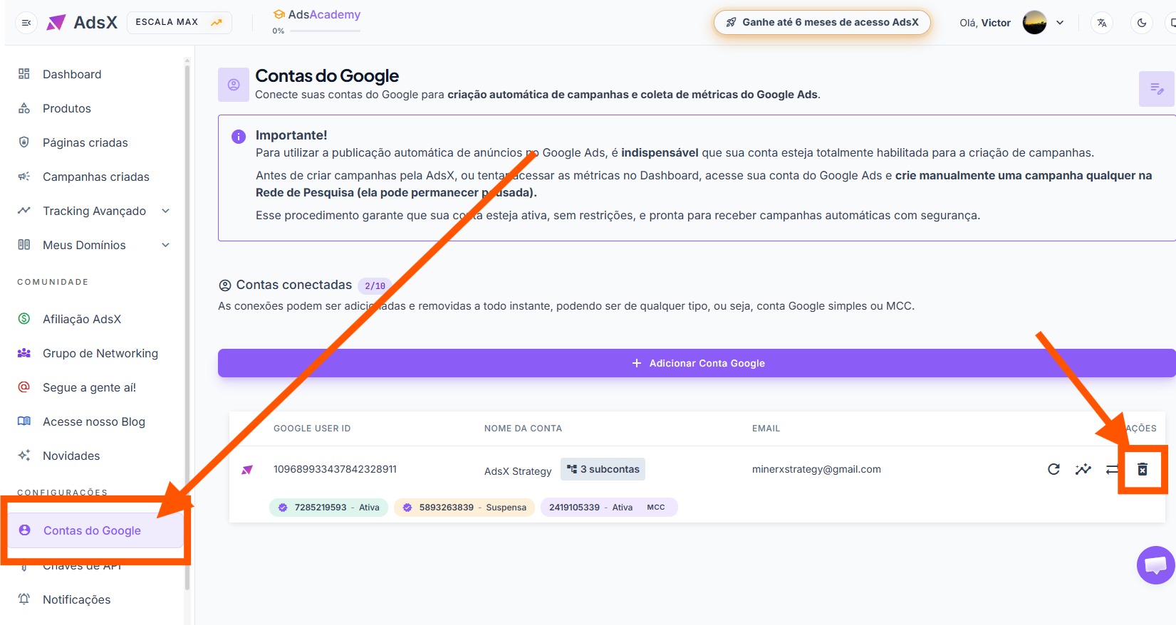 Tela Contas do Google na AdsX com o ícone de remover conexão em destaque