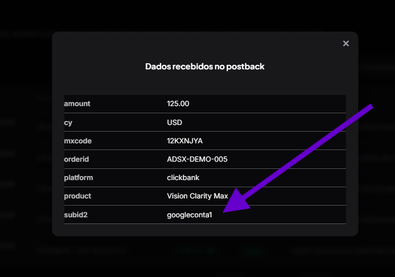Janela Dados recebidos no postback na AdsX mostrando o campo subid2 com o valor googleconta1.