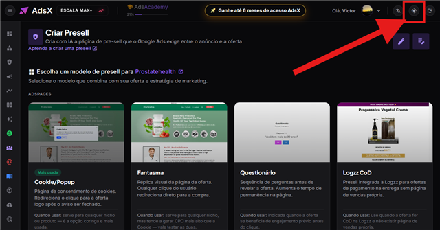 AdsX dashboard in dark mode, with the theme button highlighted in the top right corner of the screen.