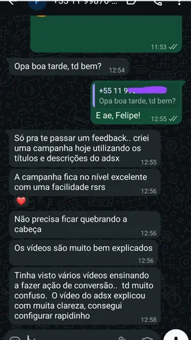 Print de depoimento — extensão excelente