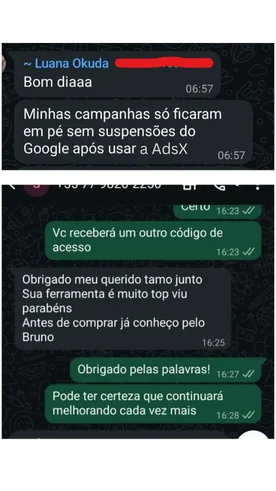 Print de depoimento — campanhas sem suspensão do Google após usar a AdsX