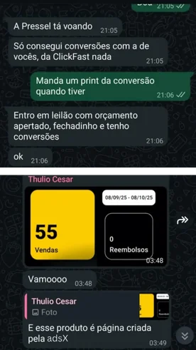 Print de depoimento — 55 vendas com presell criada pela AdsX