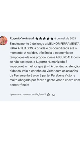 Print de depoimento — avaliação 5 estrelas, melhor ferramenta para afiliados