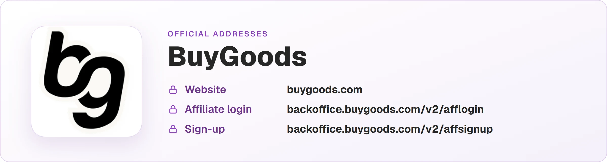 BuyGoods logo with the official addresses: website buygoods.com, affiliate login at backoffice.buygoods.com/v2/afflogin and sign-up at backoffice.buygoods.com/v2/affsignup.