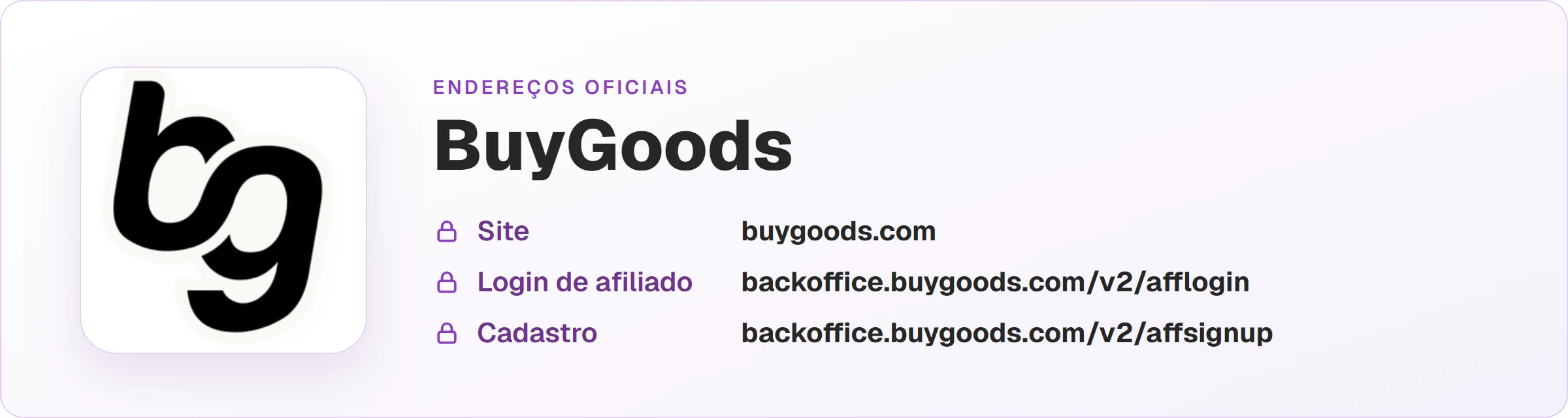 Logo da BuyGoods com os endereços oficiais: site buygoods.com, login de afiliado em backoffice.buygoods.com/v2/afflogin e cadastro em backoffice.buygoods.com/v2/affsignup.