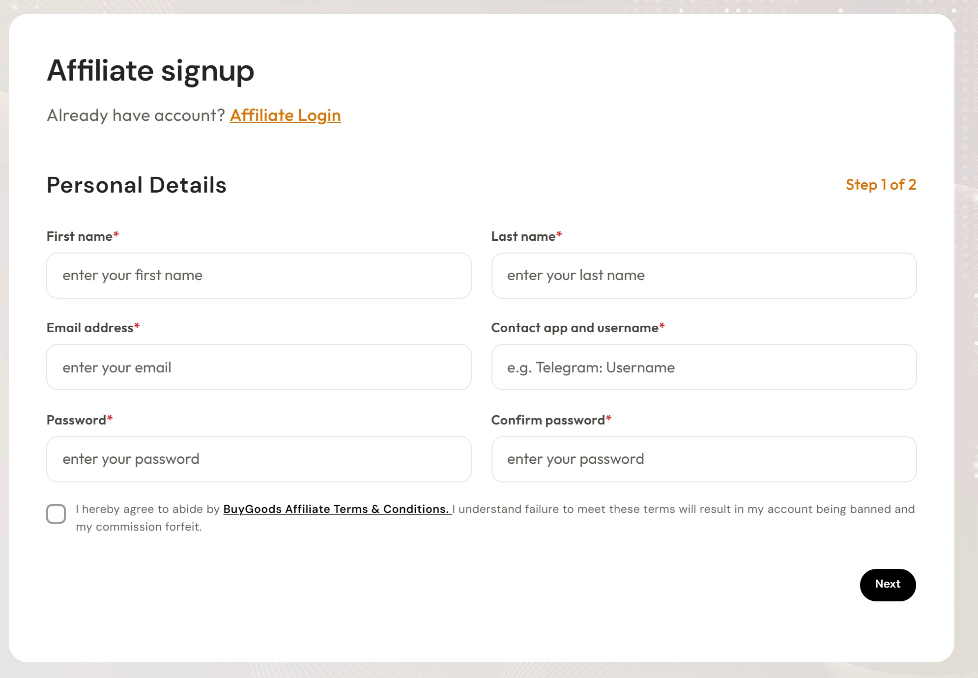 Formulário de cadastro de afiliado da BuyGoods, etapa 1 de 2 (Personal Details): nome, sobrenome, e-mail, app de contato e usuário (exemplo: Telegram), senha e confirmação, e o aceite dos termos de afiliado.