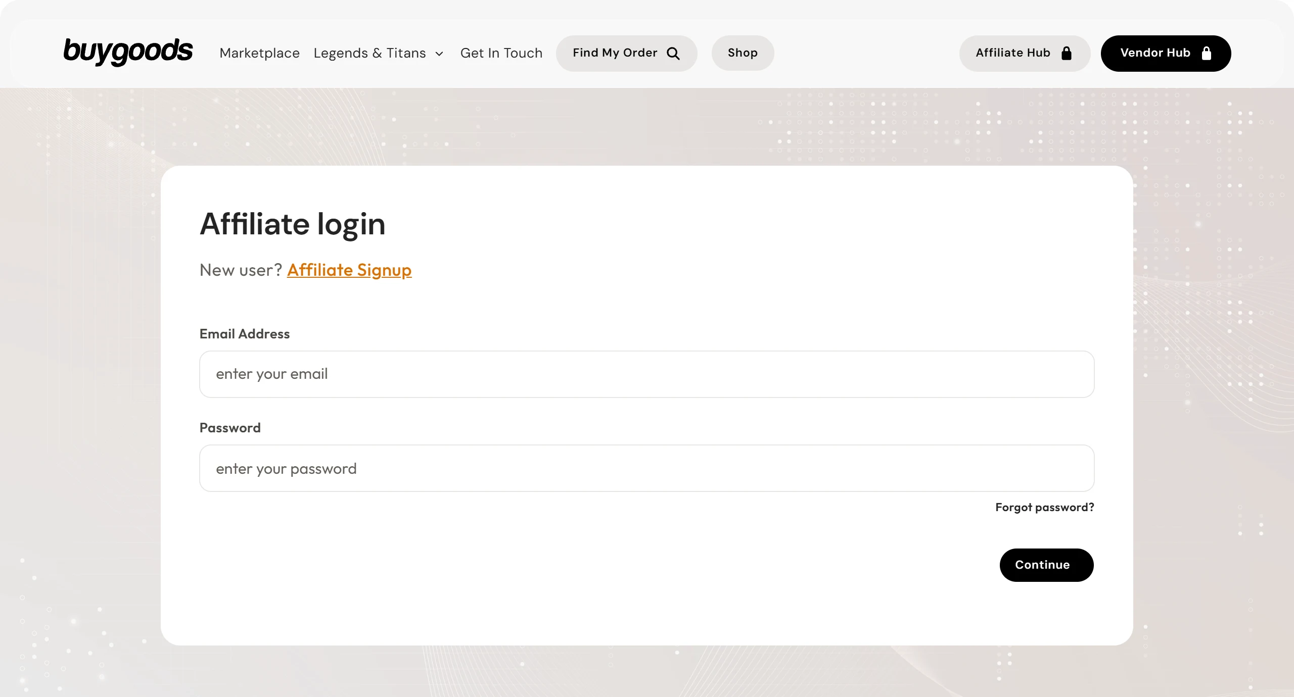 Tela de login de afiliado da BuyGoods (Affiliate login), com e-mail, senha, o botão Continue e o link Affiliate Signup.
