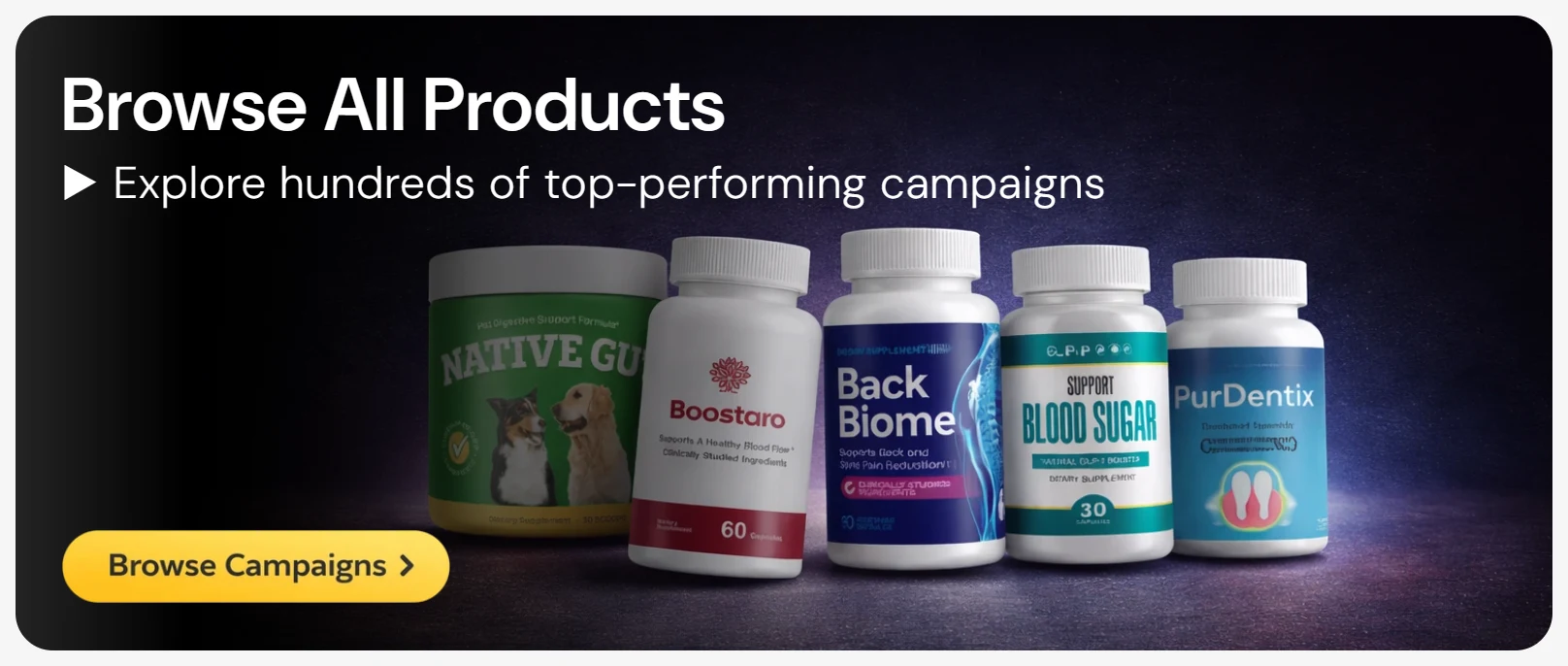 Vitrine da BuyGoods (Browse All Products): suplementos como Boostaro, Back Biome, Blood Sugar e PurDentix, com o botão Browse Campaigns para explorar centenas de campanhas.