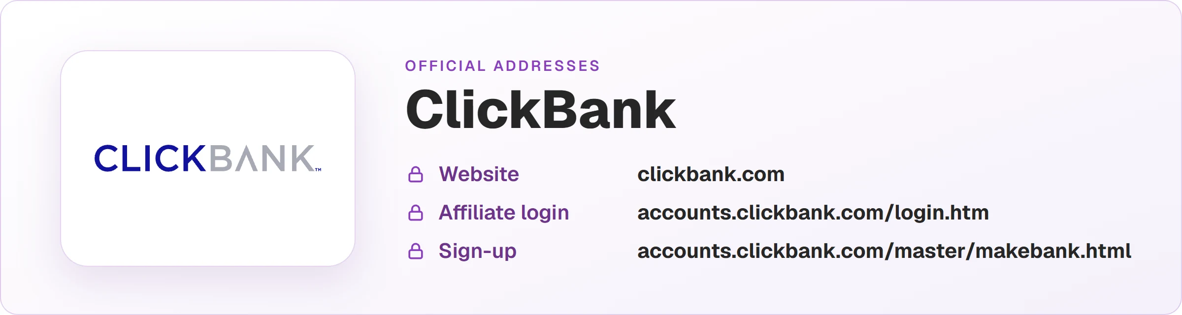ClickBank logo with the official addresses: website clickbank.com, affiliate login at accounts.clickbank.com/login.htm and sign-up at accounts.clickbank.com/master/makebank.html.