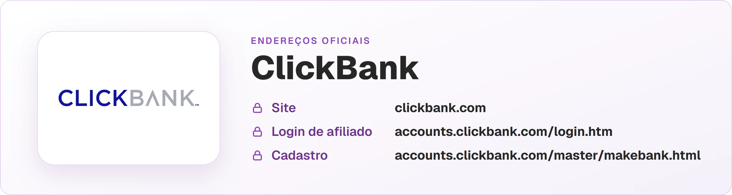 Logo da ClickBank com os endereços oficiais: site clickbank.com, login de afiliado em accounts.clickbank.com/login.htm e cadastro em accounts.clickbank.com/master/makebank.html.