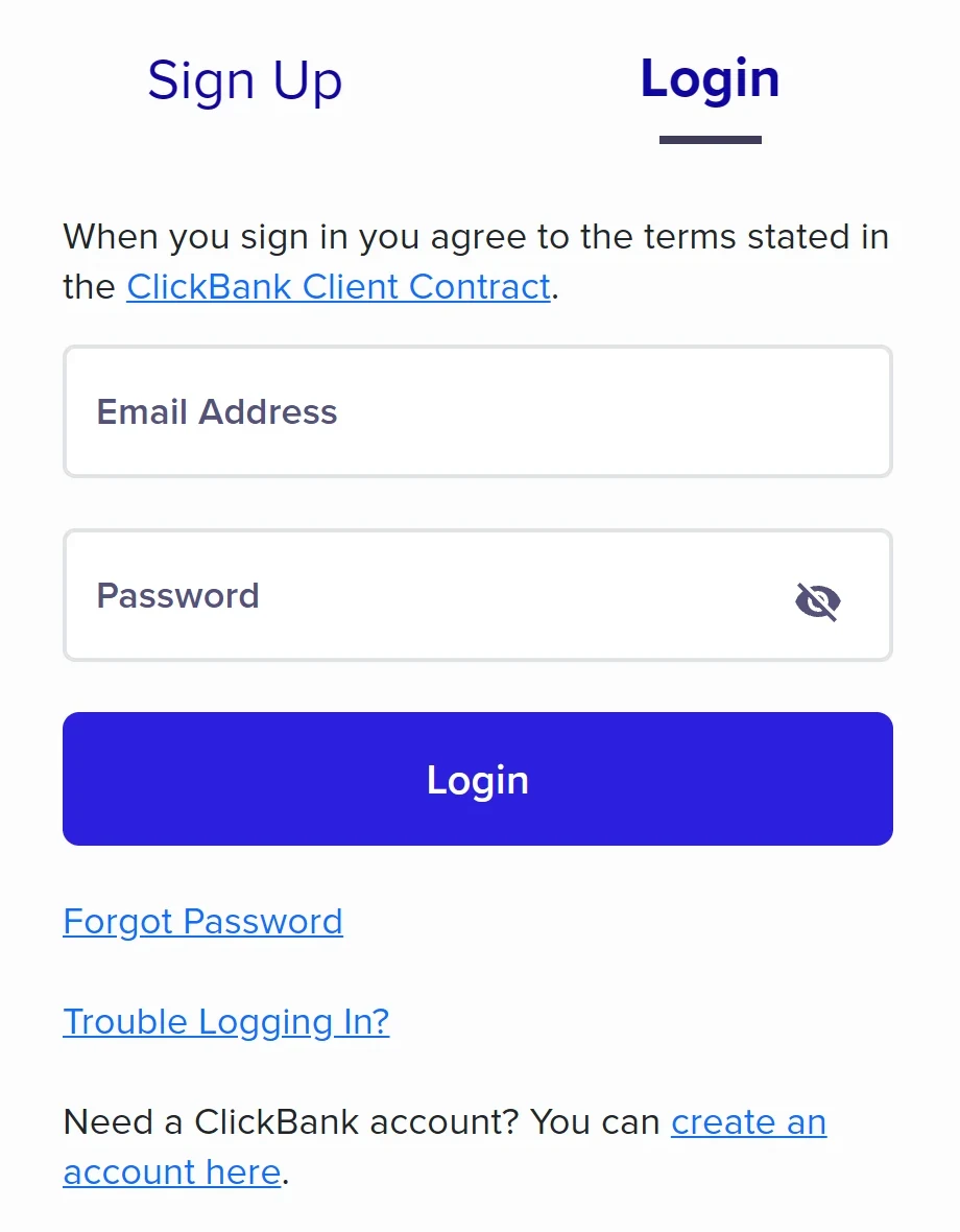 Tela de login da ClickBank, na aba Login: campos de e-mail e senha, o botão Login e os links Forgot Password, Trouble Logging In? e create an account here.