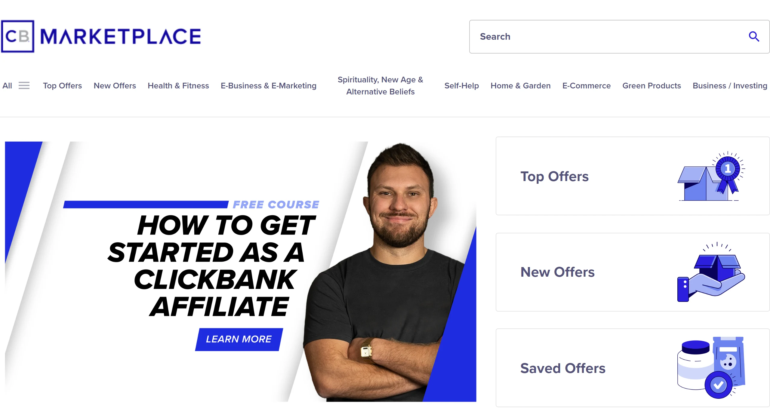 Página do Marketplace da ClickBank, com a busca, as categorias (Top Offers, New Offers, Health & Fitness, E-Business & E-Marketing, Spirituality, Self-Help, Home & Garden, E-Commerce, Green Products, Business / Investing) e os atalhos Top Offers, New Offers e Saved Offers.