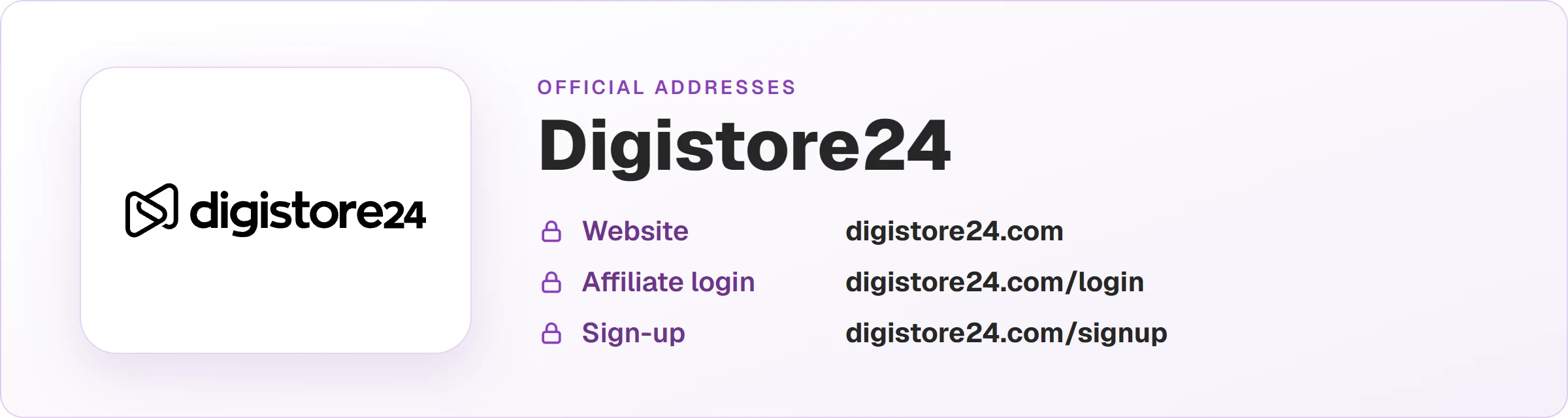 Digistore24 logo with the official addresses: website digistore24.com, affiliate login at digistore24.com/login and sign-up at digistore24.com/signup.