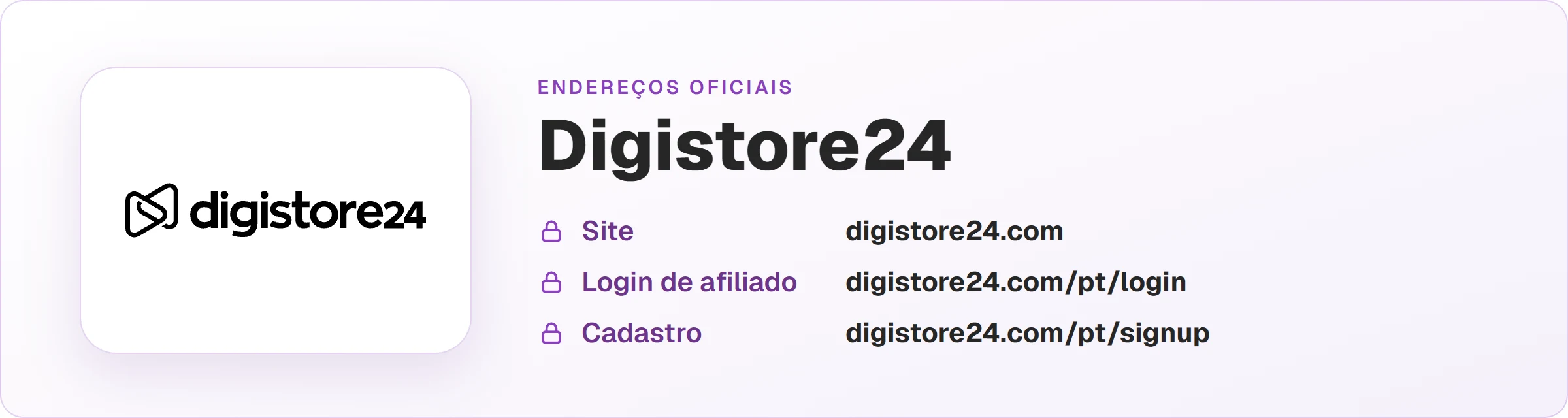 Logo da Digistore24 com os endereços oficiais: site digistore24.com, login de afiliado em digistore24.com/pt/login e cadastro em digistore24.com/pt/signup.