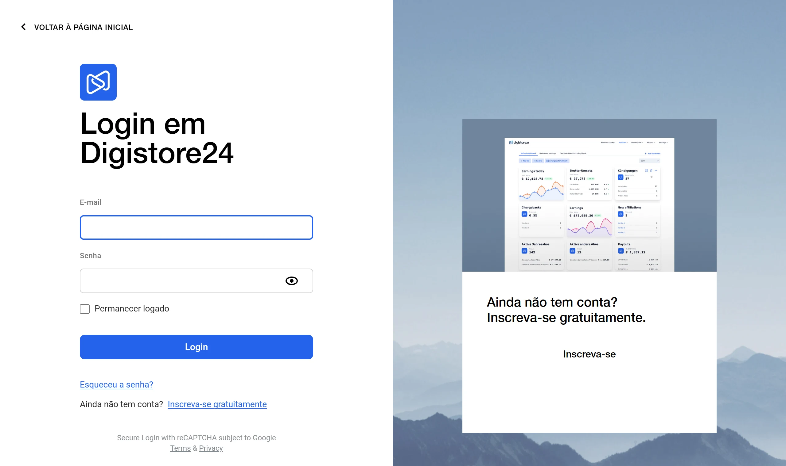Tela Login em Digistore24, em português: campos de e-mail e senha, a opção Permanecer logado, o botão Login, o link Esqueceu a senha? e, ao lado, o convite Inscreva-se gratuitamente.