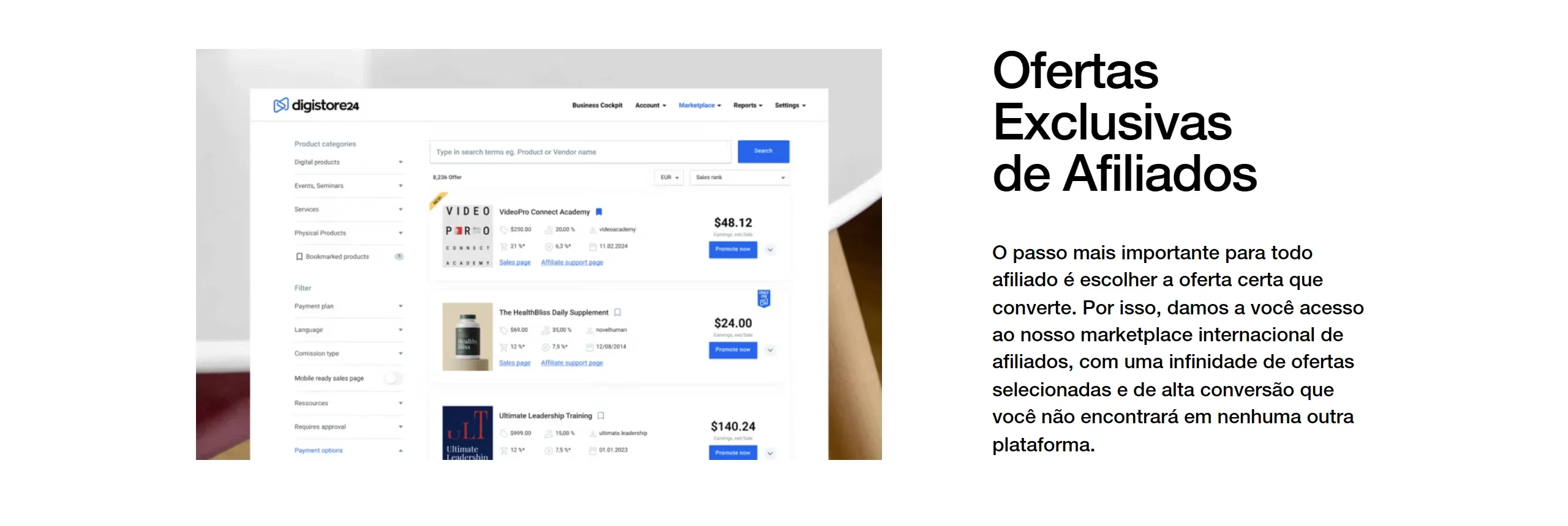 Página de afiliados da Digistore24 mostrando o marketplace por dentro: busca, filtros de categoria e de pagamento, e uma lista de ofertas com preço, comissão e o botão de promover, ao lado do texto Ofertas Exclusivas de Afiliados.
