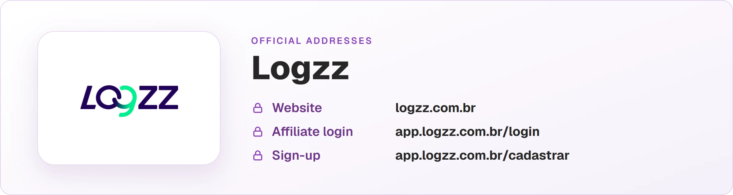 Logzz logo with the official addresses: website logzz.com.br, login at app.logzz.com.br/login and sign-up at app.logzz.com.br/cadastrar.