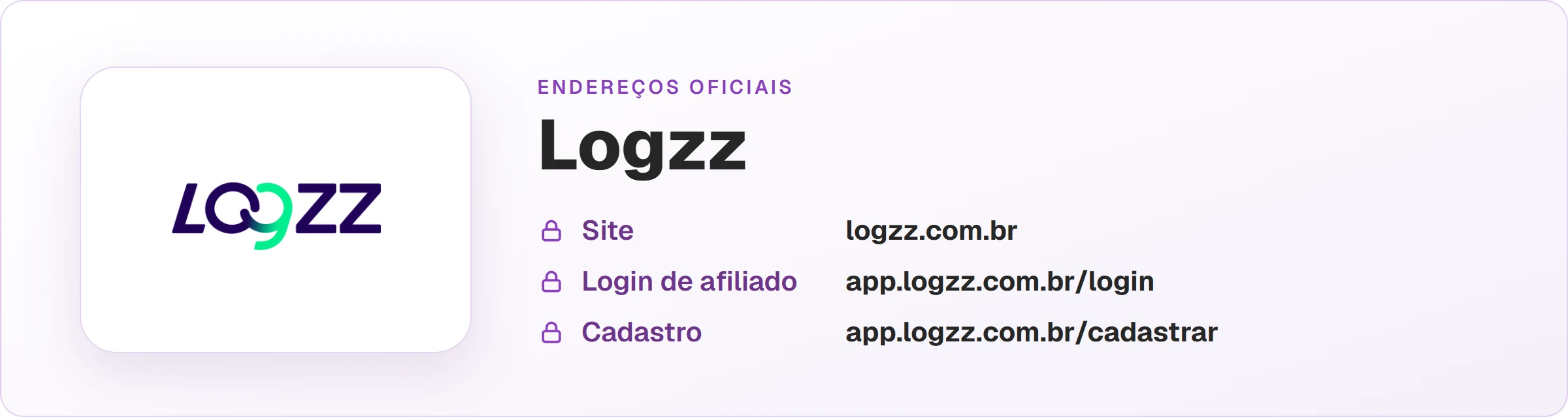 Logo da Logzz com os endereços oficiais: site logzz.com.br, login em app.logzz.com.br/login e cadastro em app.logzz.com.br/cadastrar.