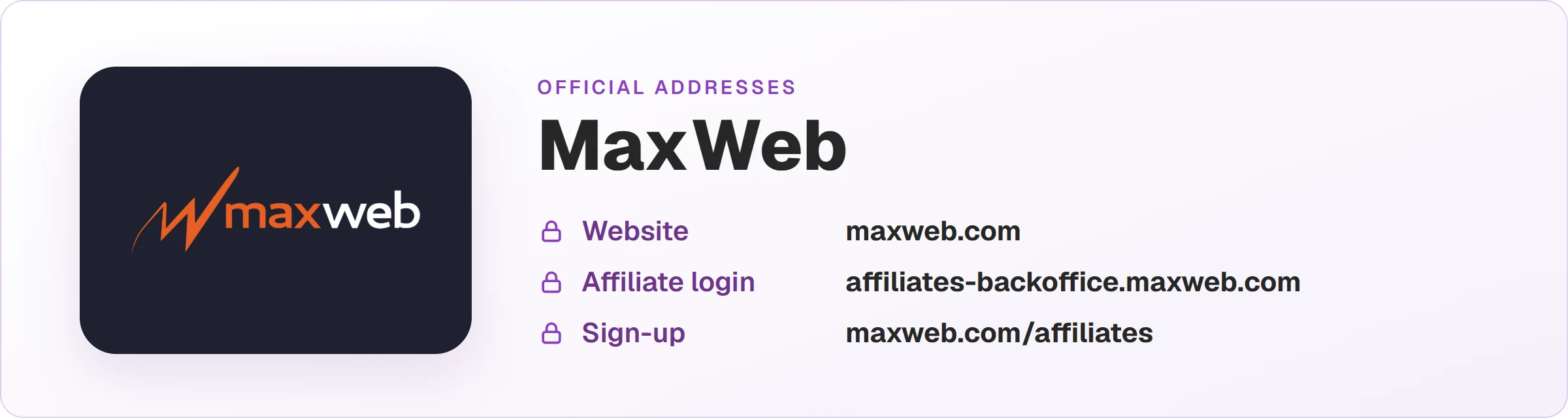 MaxWeb logo with the official addresses: website maxweb.com, affiliate login at affiliates-backoffice.maxweb.com and sign-up at maxweb.com/affiliates.