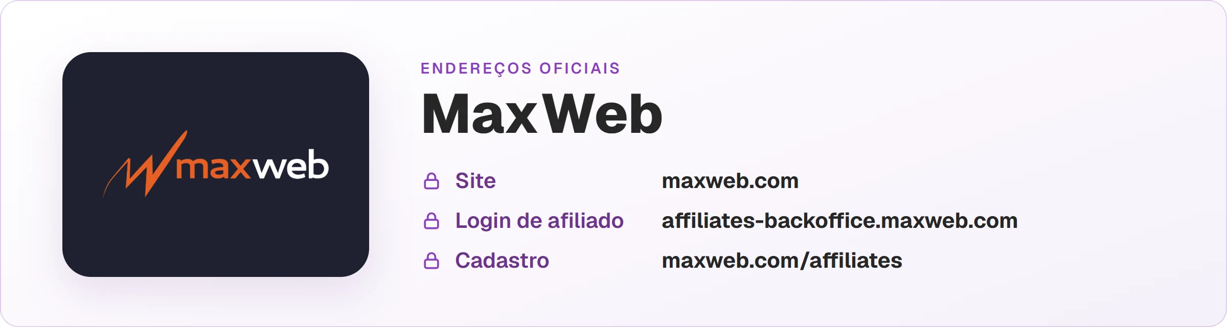 Logo da MaxWeb com os endereços oficiais: site maxweb.com, login de afiliado em affiliates-backoffice.maxweb.com e cadastro em maxweb.com/affiliates.