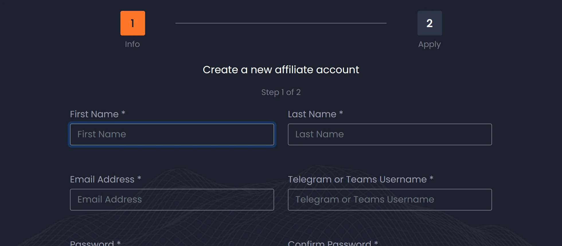 Step 1 of 2 of the MaxWeb affiliate application (Create a new affiliate account): first name, last name, email and Telegram or Teams username.