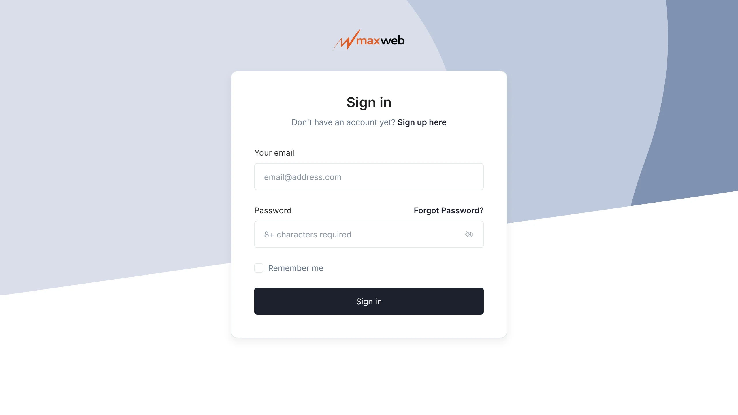 Tela de login de afiliado da MaxWeb (Sign in), com e-mail, senha, Remember me, o botão Sign in e o link Sign up here para quem ainda não tem conta.