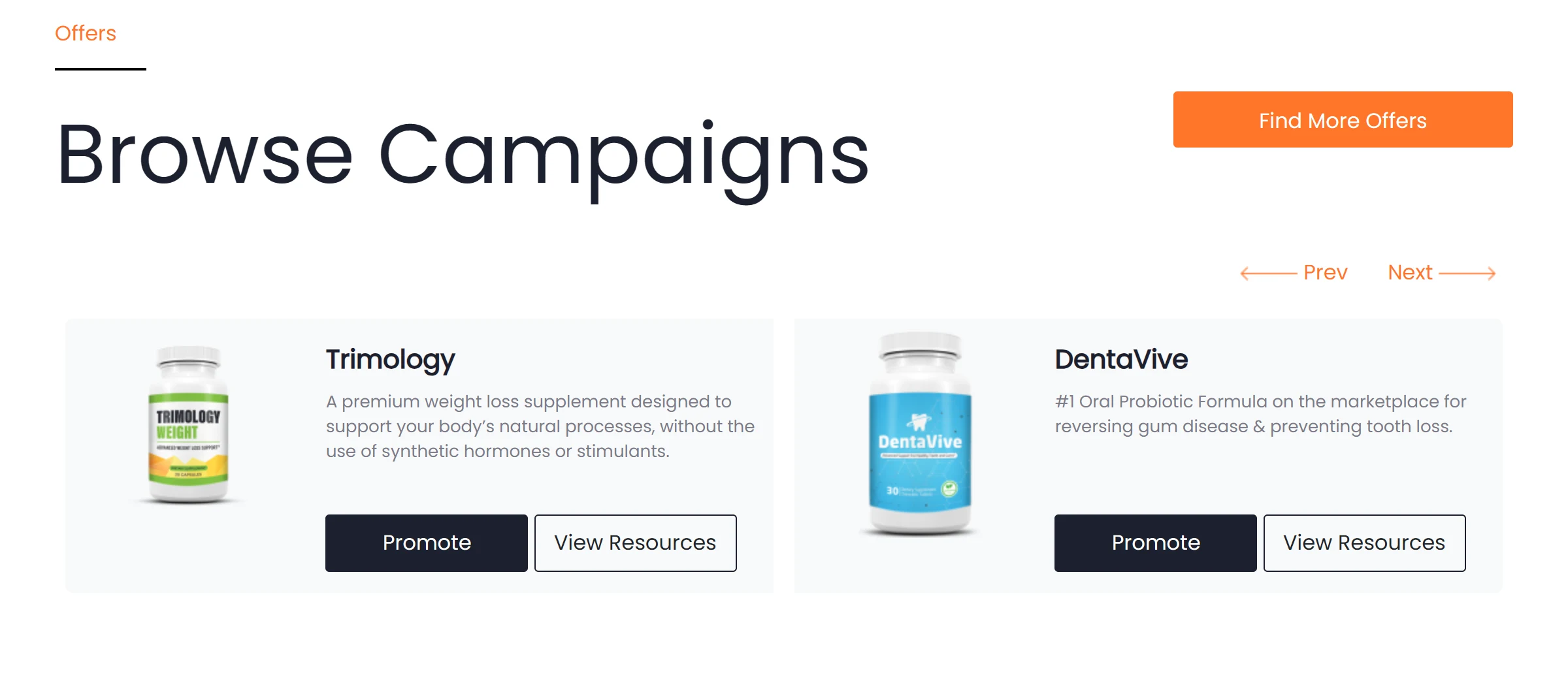Vitrine de campanhas da MaxWeb (Browse Campaigns) com as ofertas Trimology, um suplemento para perda de peso, e DentaVive, um probiótico oral, cada uma com os botões Promote e View Resources.