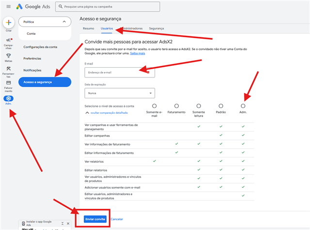 Google Ads (interface in Portuguese): Admin, Access and security, Users tab, Email field, Admin level and the Send invitation button