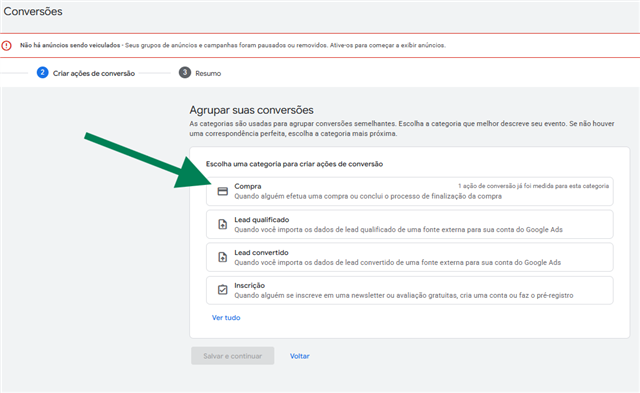 Agrupar suas conversões: categoria Compra