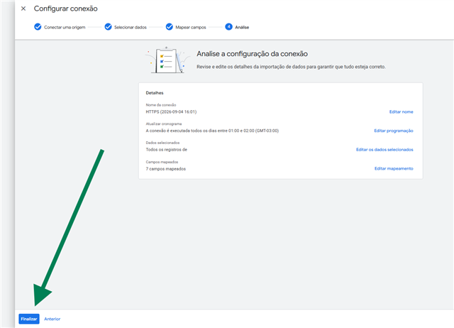 Analisar a configuração da conexão e botão Finalizar