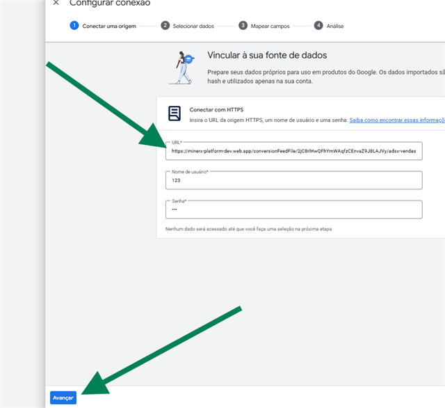 Conectar com HTTPS: URL, nome de usuário, senha e botão Avançar