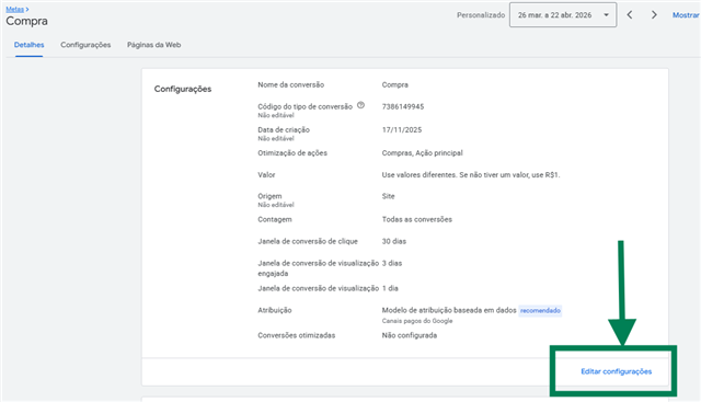 Botão Editar configurações na ação Compra