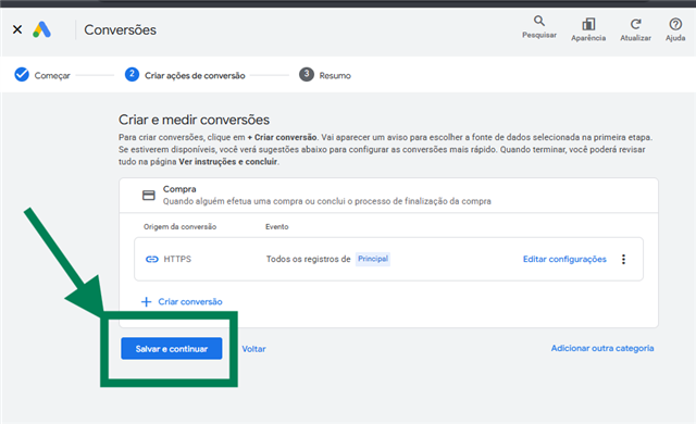 Criar e medir conversões: ação HTTPS como Principal e botão Salvar e continuar