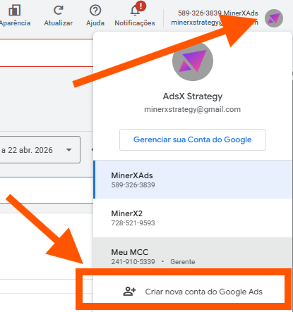Menu do avatar no Google Ads com a opção "Criar nova conta do Google Ads" em destaque