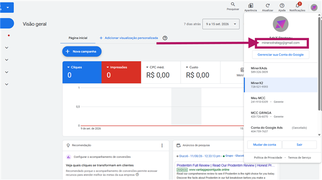 E-mail da conta no menu do perfil do Google Ads