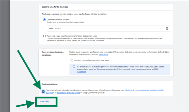 Caixa Dados do cliente marcada e botão Concluído