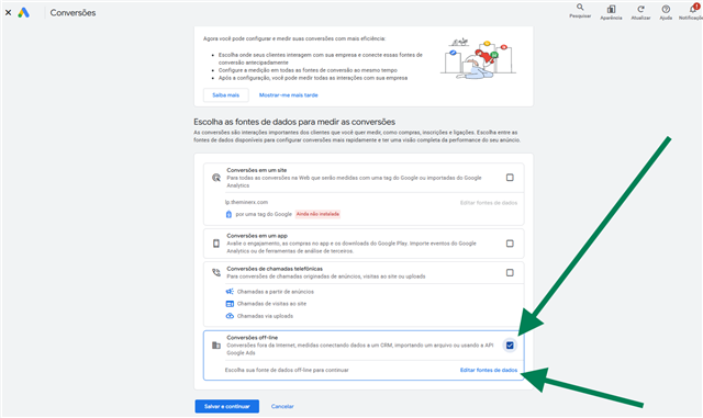 Fontes de dados: opção Conversões off-line marcada e link Editar fontes de dados