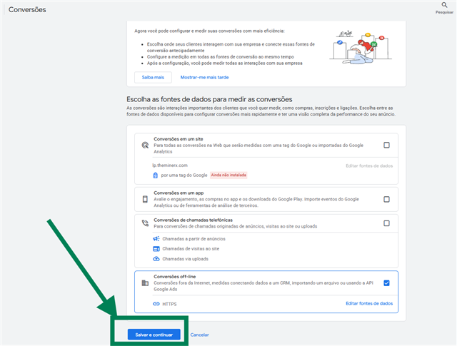 Fontes de dados com HTTPS conectado e o botão Salvar e continuar