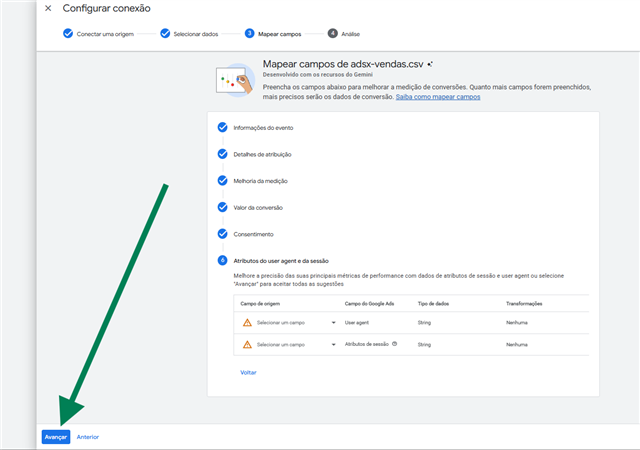 Mapear campos, etapa Atributos do user agent e da sessão, botão Avançar