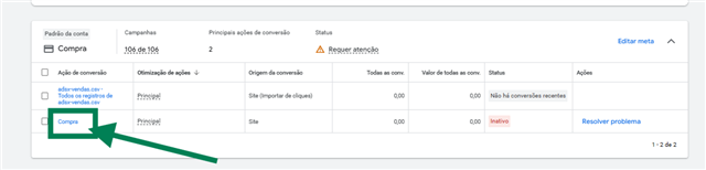 Ação antiga "Compra" como Principal ao lado da adsx-vendas.csv