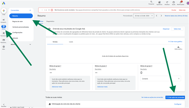 Google Ads: Metas, Conversões, Resumo e o botão Criar ação de conversão