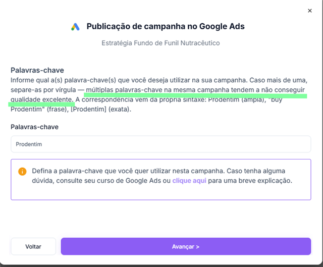 Passo Palavras-chave da publicação de campanha na AdsX, com o aviso destacado de que múltiplas palavras-chave na mesma campanha tendem a não conseguir qualidade excelente