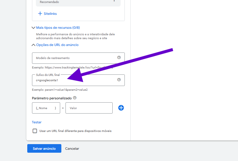 Campo Sufixo do URL final nas opções de URL do Google Ads, preenchido com o parâmetro c=googleconta1.
