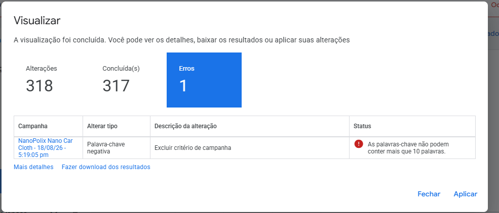 Contador de Erros aberto mostrando a mensagem "As palavras-chave não podem conter mais que 10 palavras"