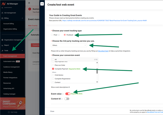 Create/test web event window with Postback, Others, Complete Payment and Event value on